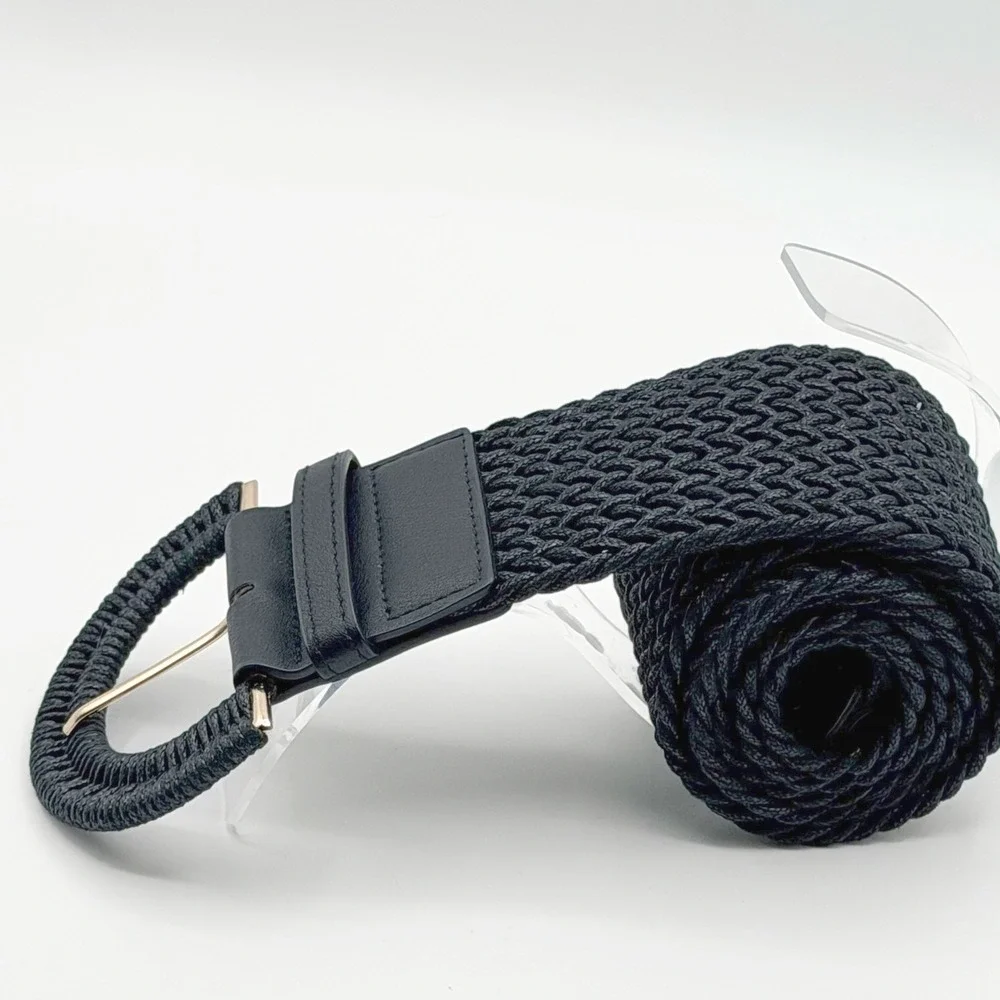 Womens Black Braided Elastic Waist Belt Wide‎ Woven Cinch Gold Horseshoe Buckle